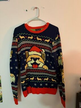 Men's Navy Bulldog Holiday Crewneck Sweater with Red Trim